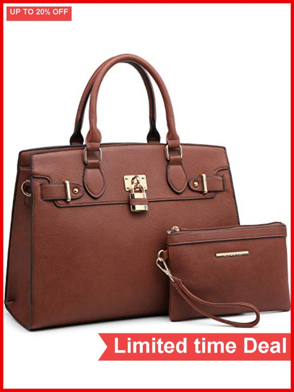 Vegan Leather Satchel Work Bag Tote with Matching Clutch Gold Hardware